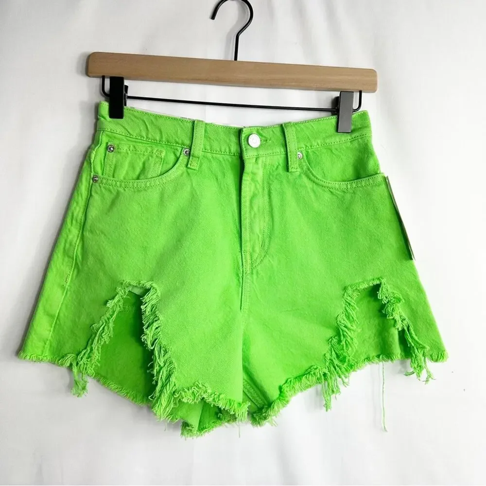 UO BDG Chewed A-Line Denim Shorts Bright Green NWT in Size 25